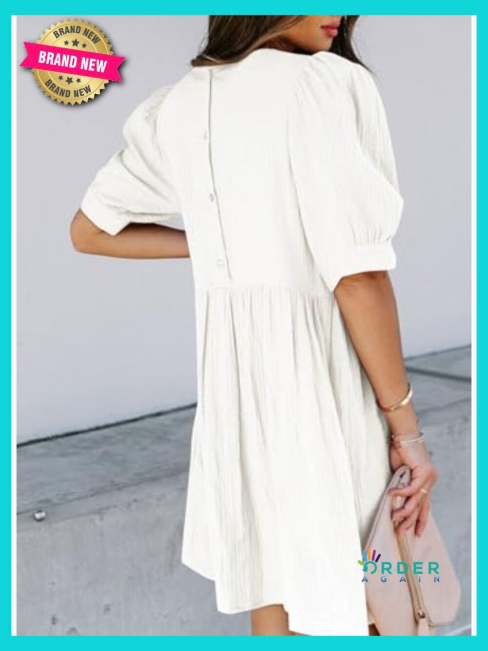 Puff Sleeve Empire Waist Mini Swing Dress with Pockets Elegant Casual - Picture 2 of 7
